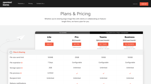 Hightail's transparency on their pricing page helps build trust.