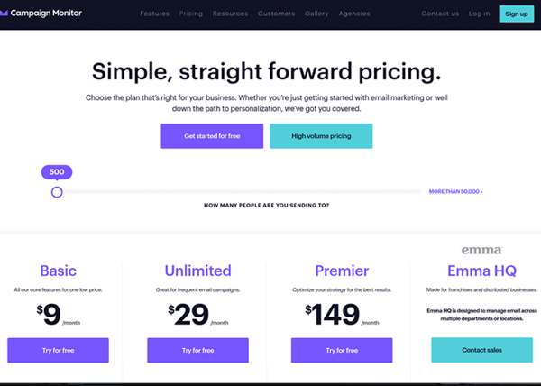 Campaign Monitor’s pricing page is a masterclass in simple design.