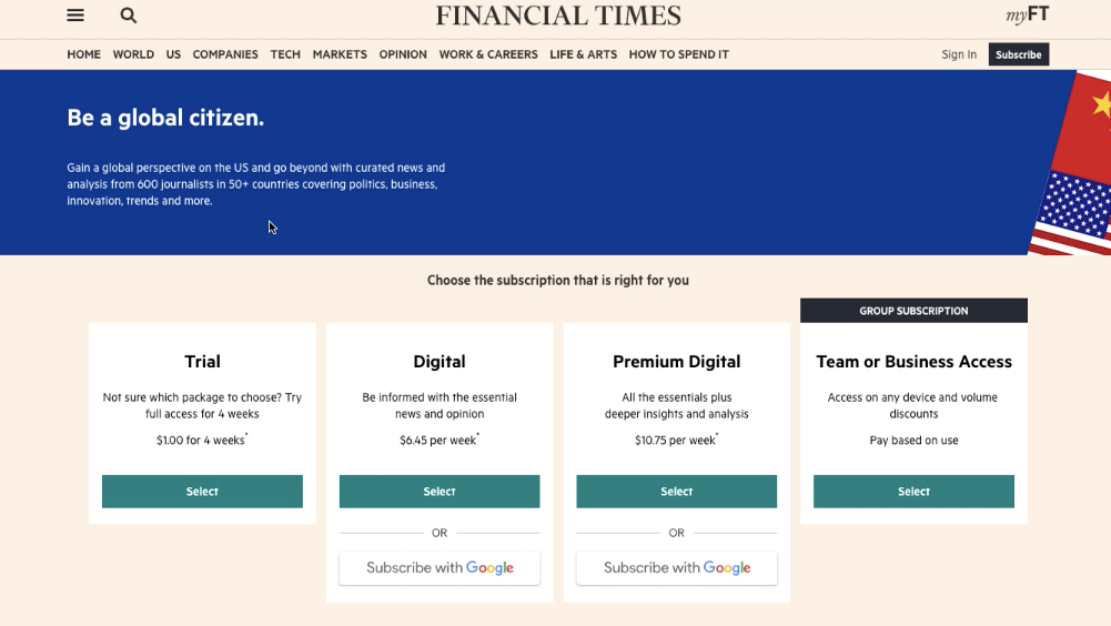 Wall Street Journal WSJ Pricing Vs Financial Times Subscription