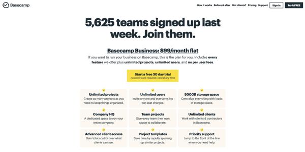 Basecamp pricing page